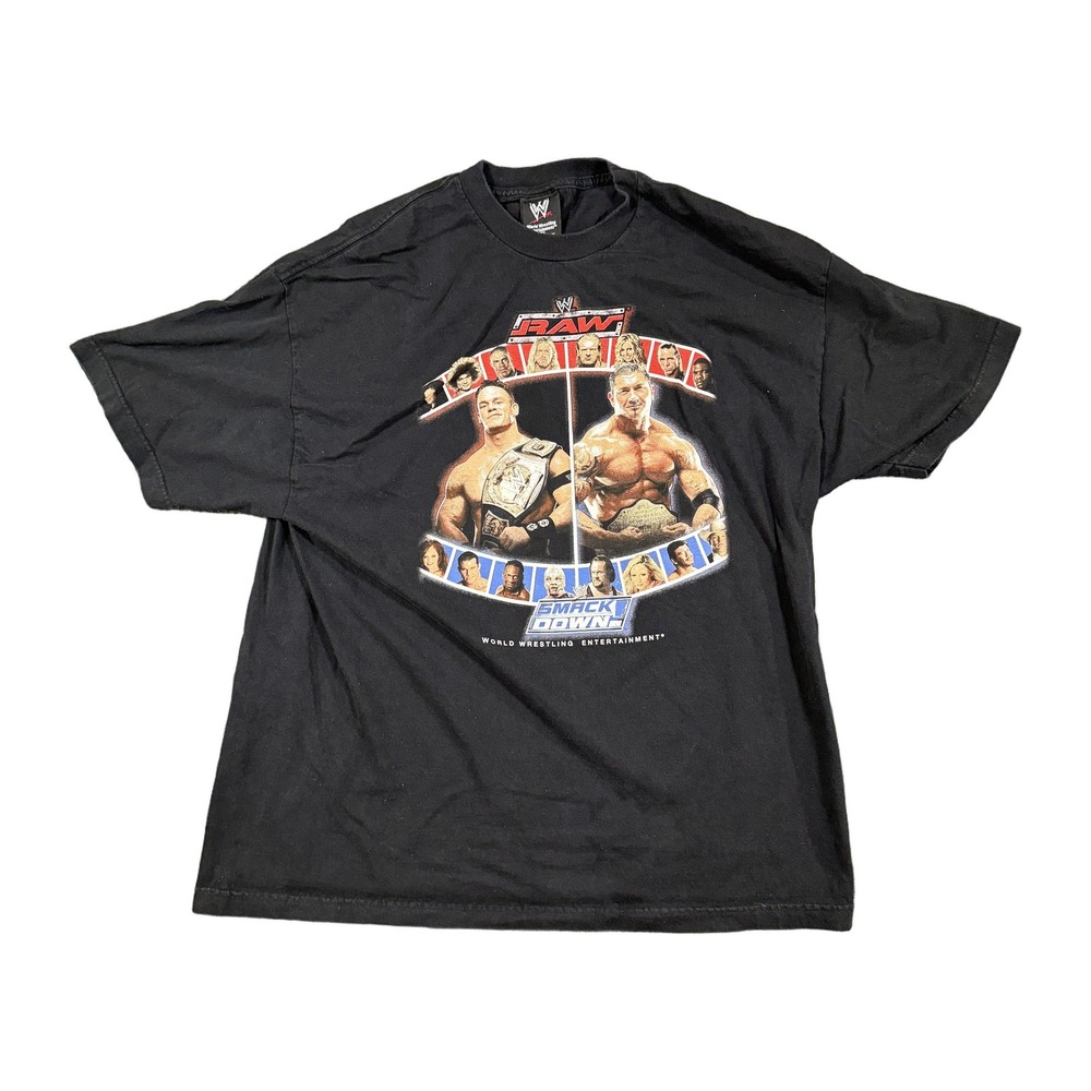 Vintage Y2K WWE Raw vs Smackdown John Cena Batista T-Shirt Mens 2XL Black
